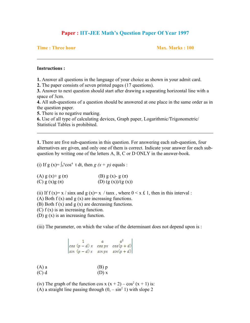 Paper : IIT-JEE Math S Question Paper of Year 1997