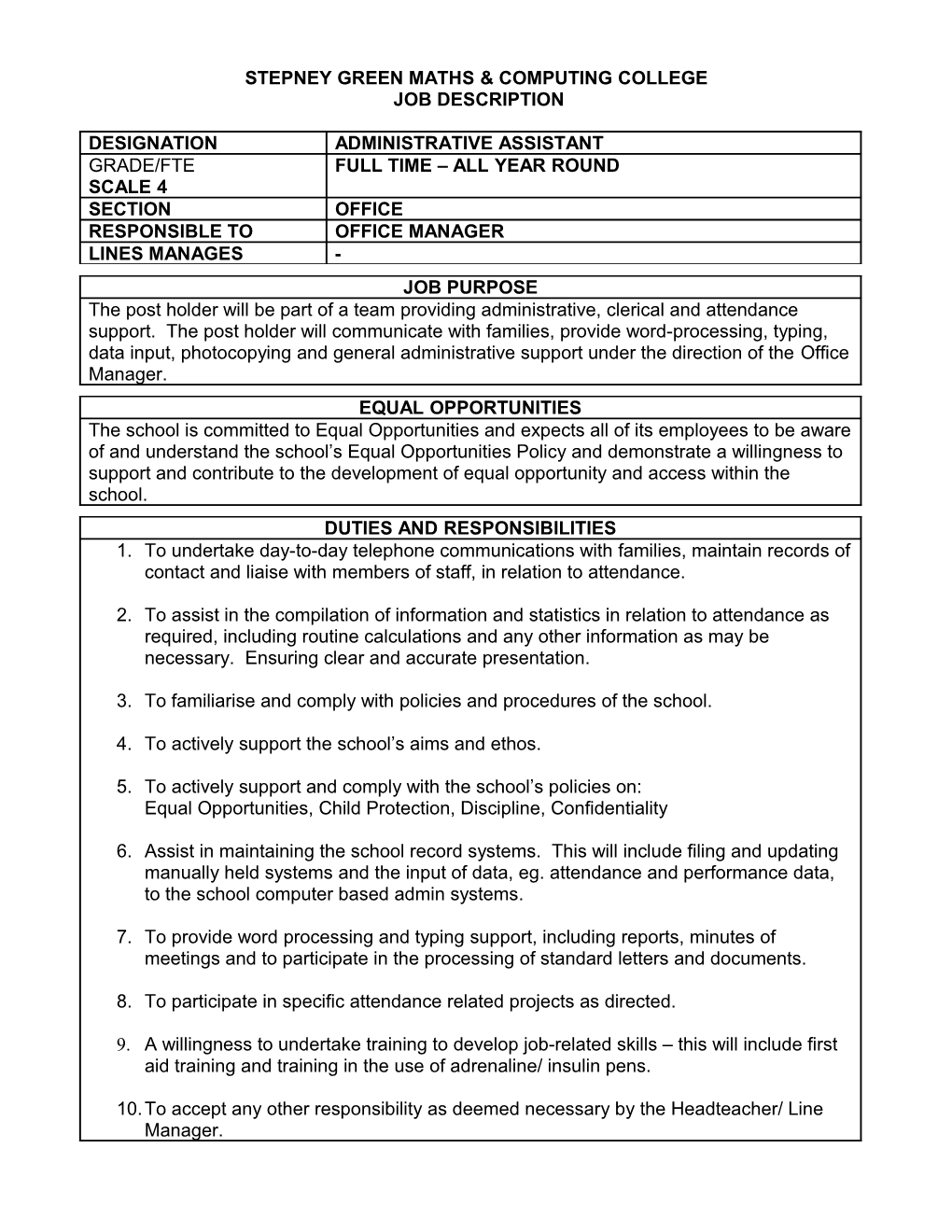 Stepney Green Secondary School Job Description