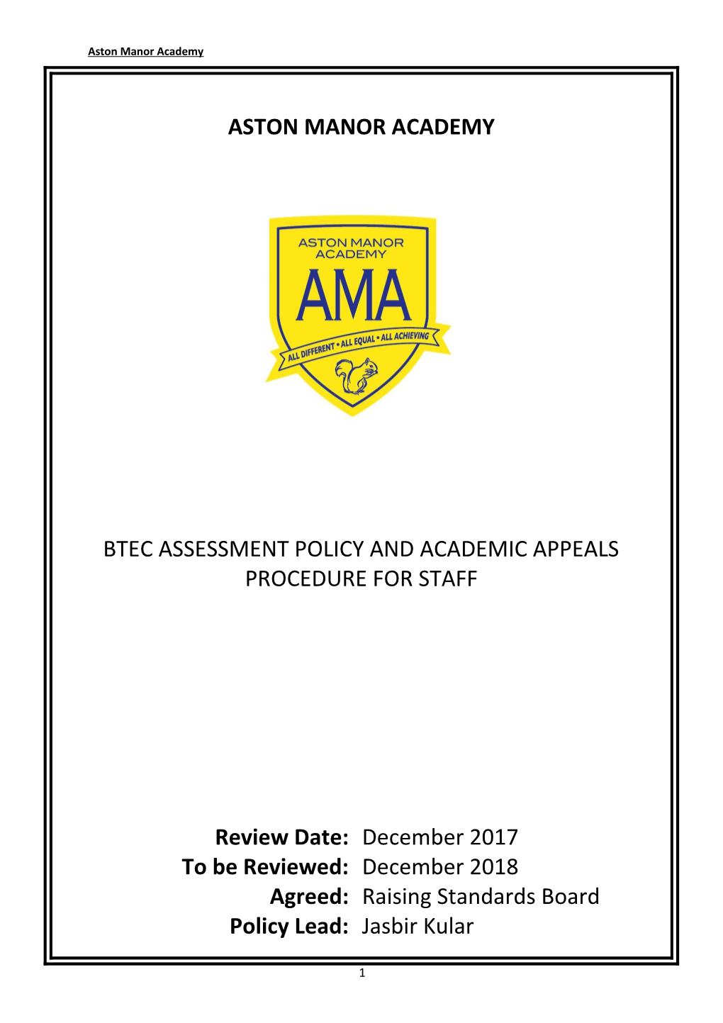 BTEC Assessment Policy and Academic Appeals Procedure