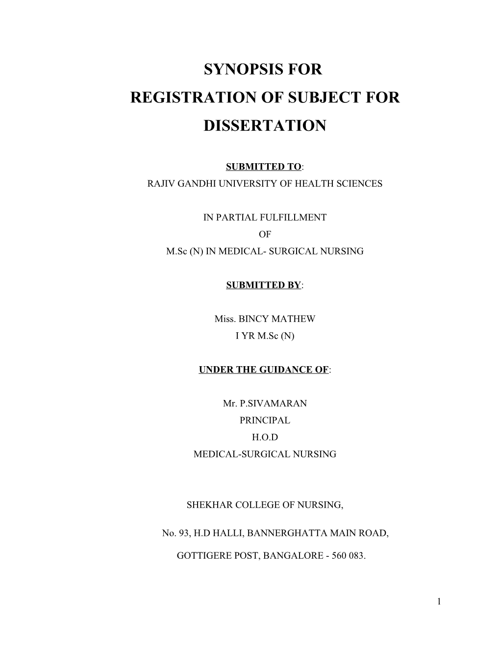 Registration of Subject for Dissertation s1