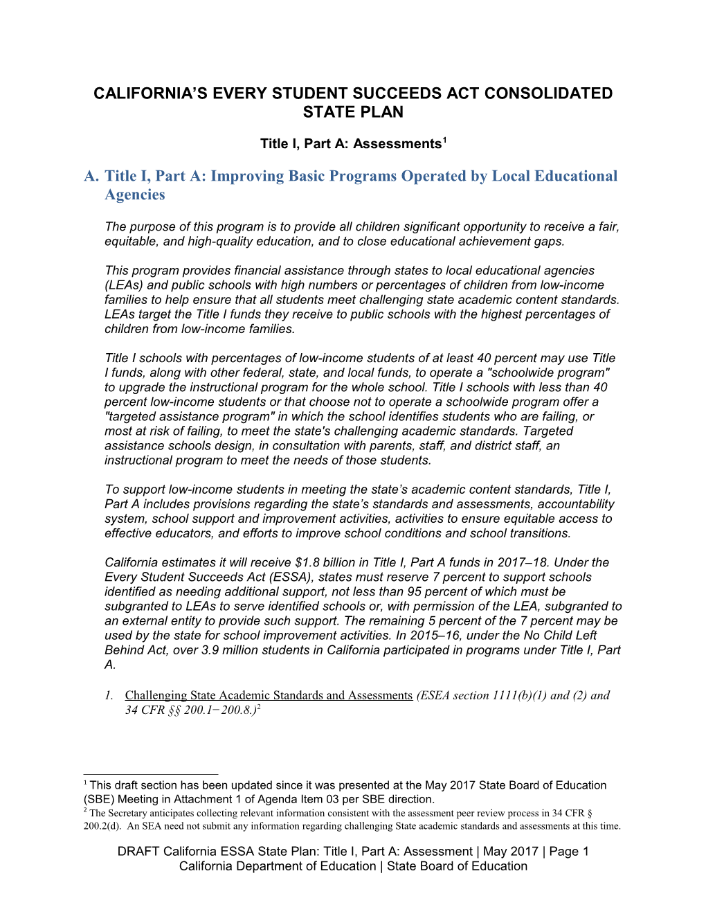Draft ESSA State Plan Title I Assessments - ESSA (CA Dept of Education)