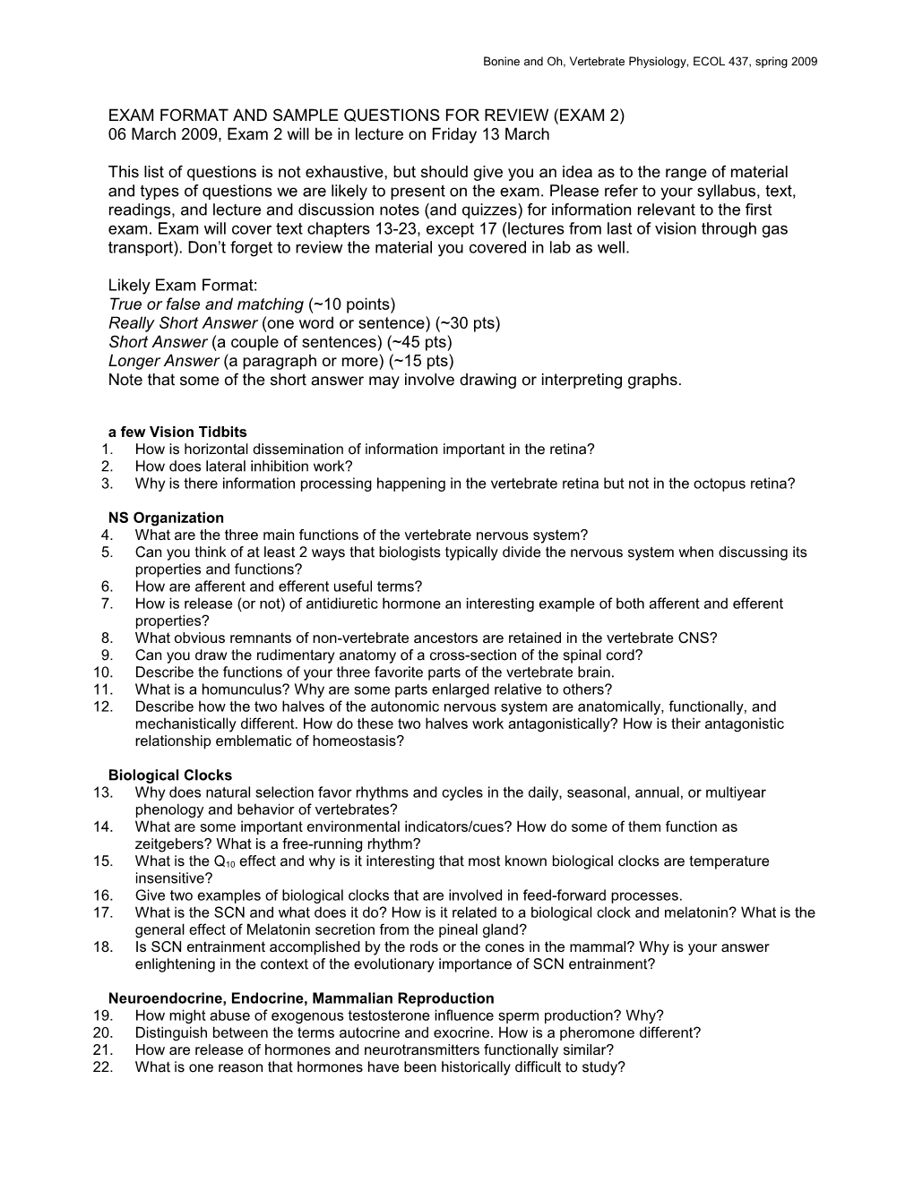 Bonine and Oh, Vertebrate Physiology, ECOL 437, Spring 2009