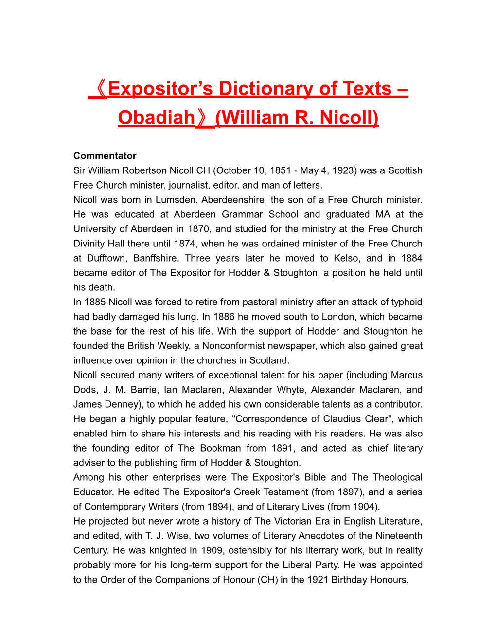 Expositor S Dictionary of Texts Obadiah (William R. Nicoll)