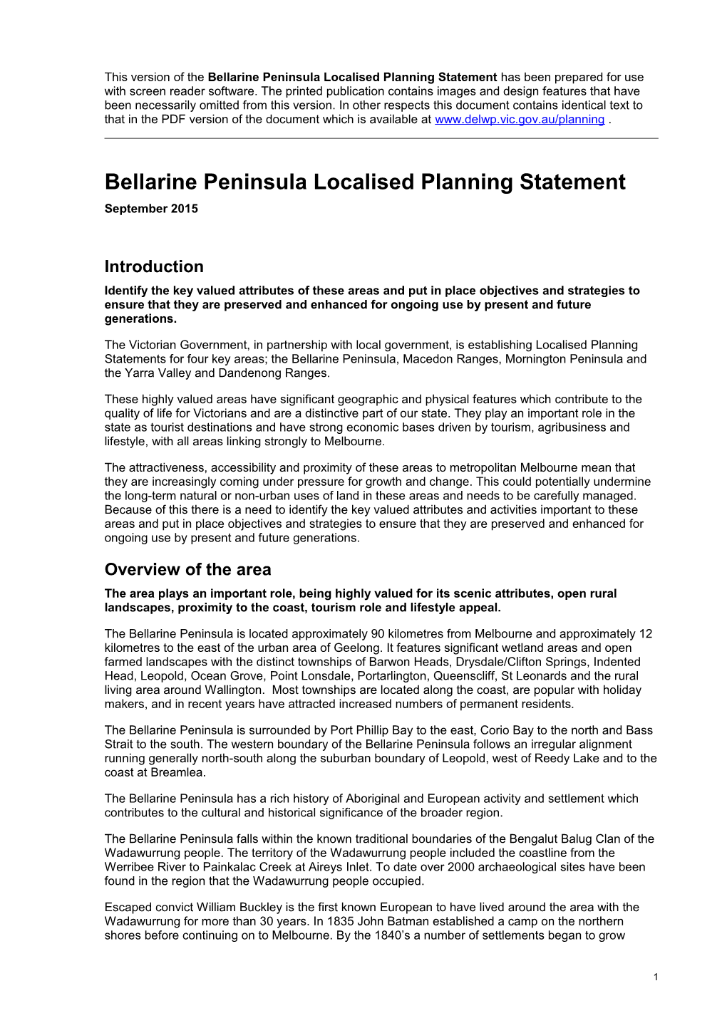 Bellarine Peninsula Localised Planning Statement Sept 2015