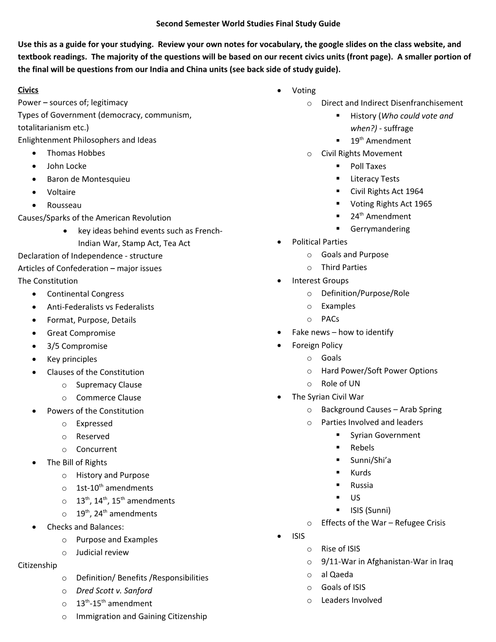 Second Semester World Studies Final Study Guide