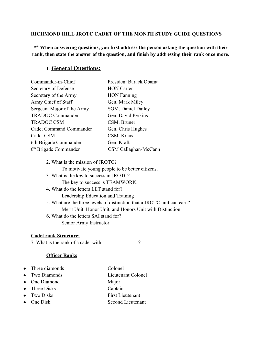 Richmond Hill JROTC Cadet of the Month Study Guide Questions