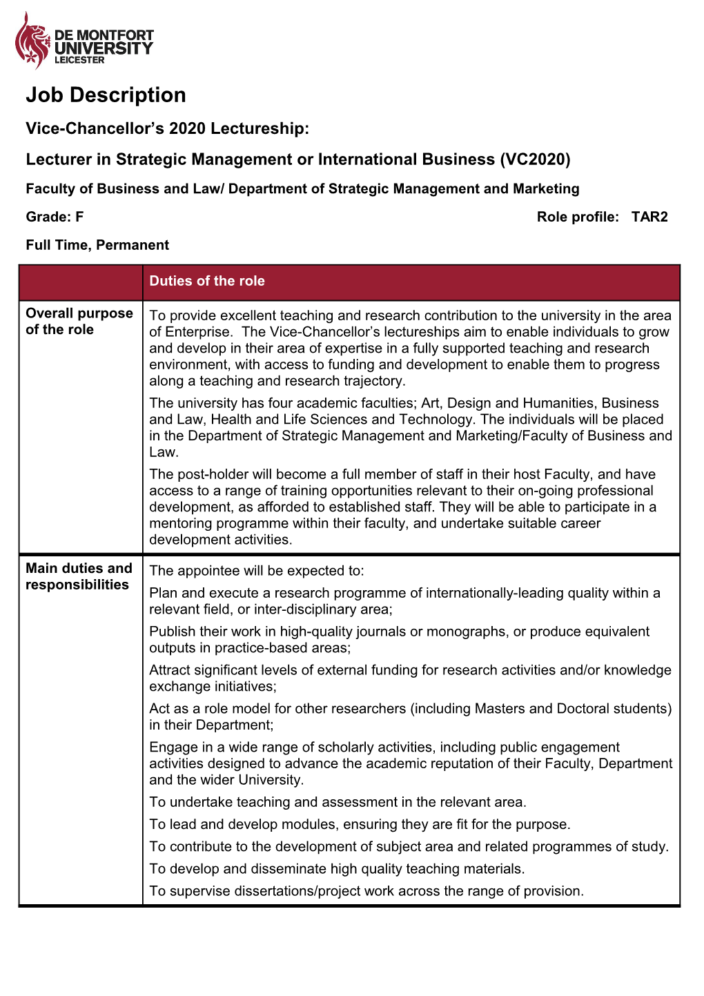 Lecturer in Strategic Management Or International Business (VC2020)