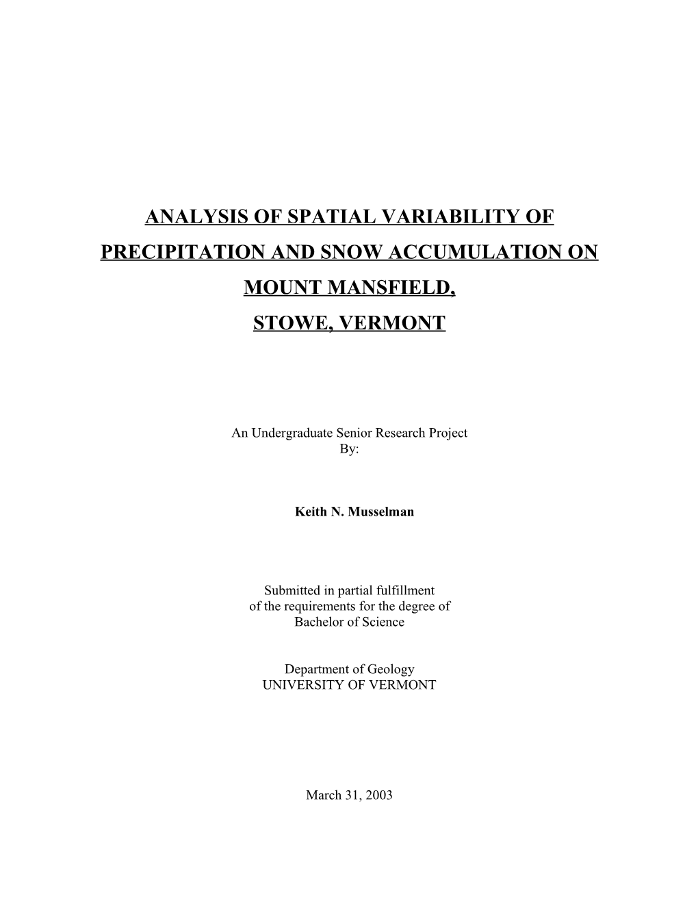 Analysis of Spatial Variability of Precipitation and Snow Accumulation on Mount Mansfield