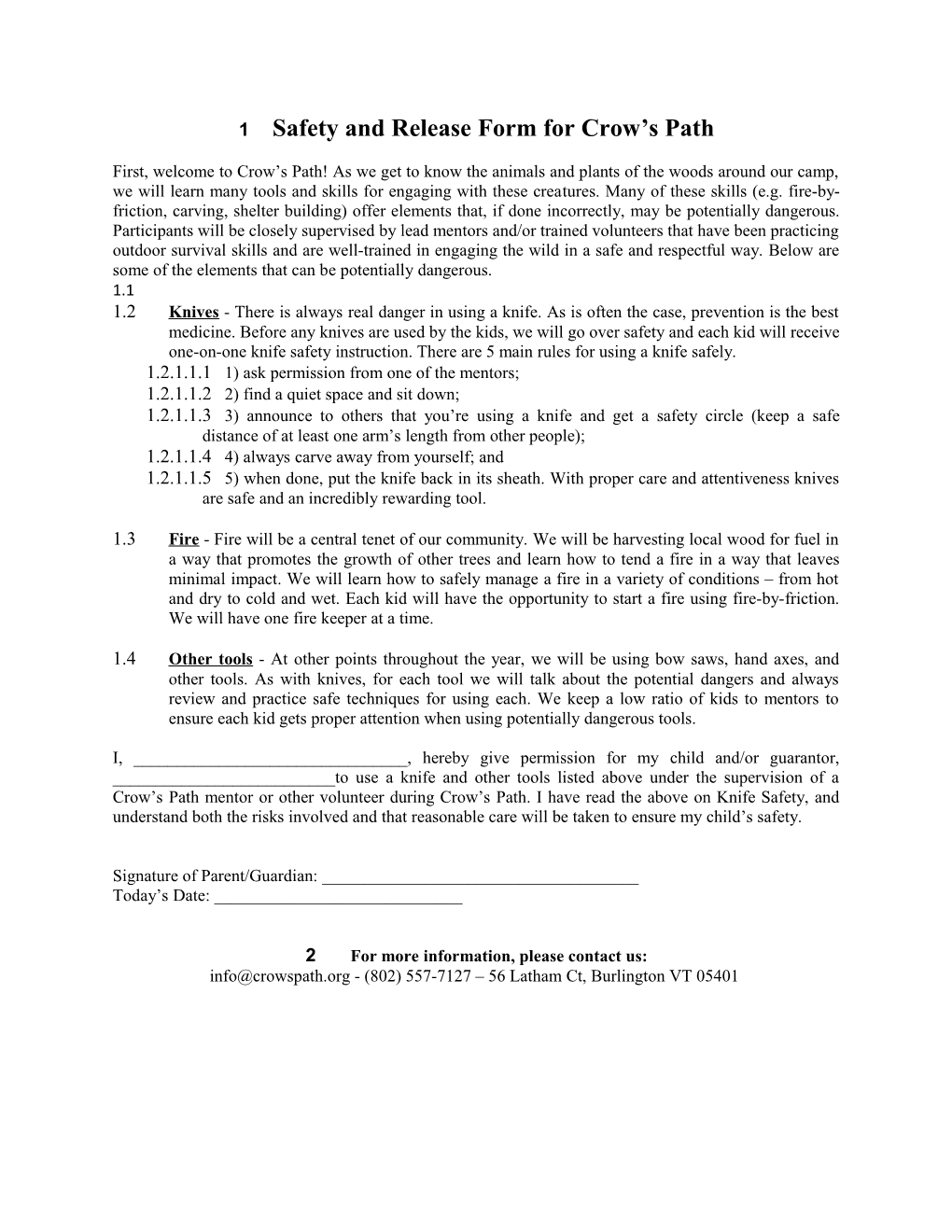 Safety and Release Form for Crow S Path