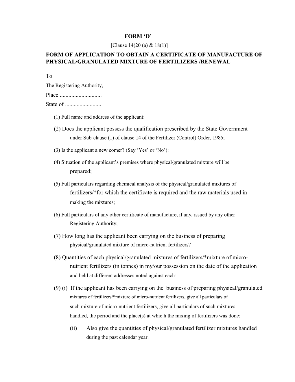 Form of Application to Obtain a Certificate of Manufacture Of