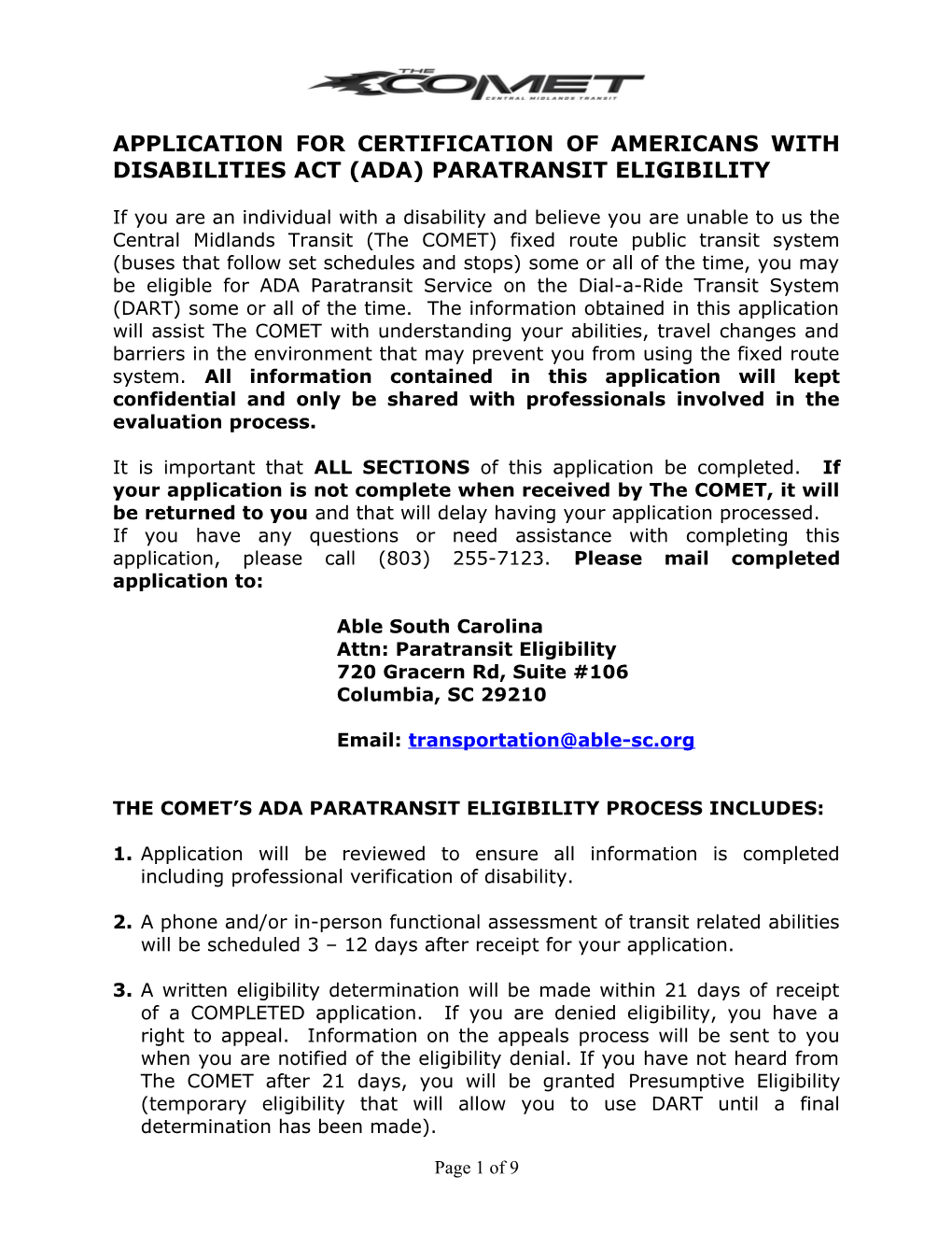 Application for Certification of Americans with Disabilities Act (Ada) Paratransit Eligibility