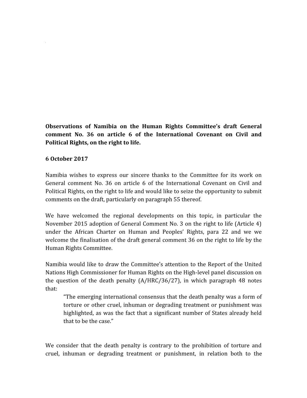 Observations of Namibia on the Human Rights Committee S Draft General Comment No. 36 On