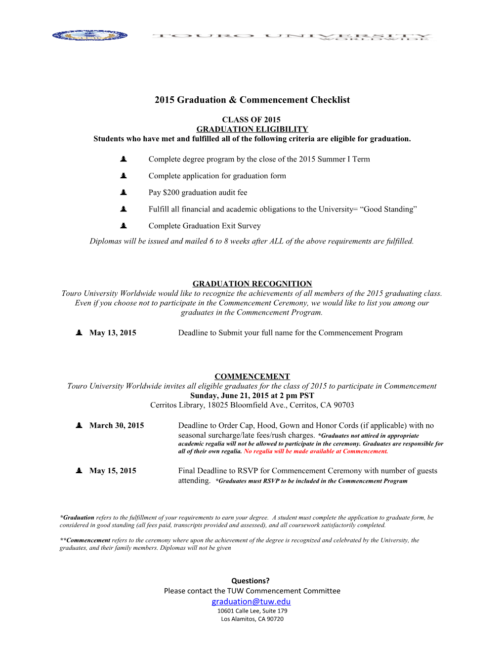 2015 Graduation & Commencement Checklist