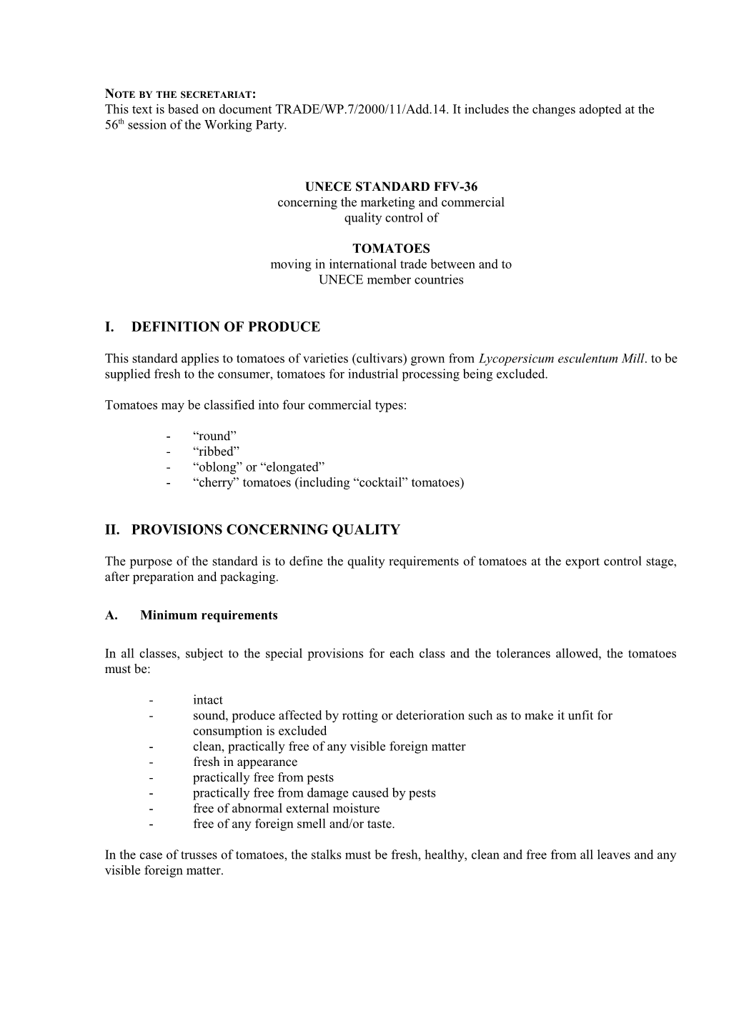 UNECE Standards for Fresh Fruit and Vegetables