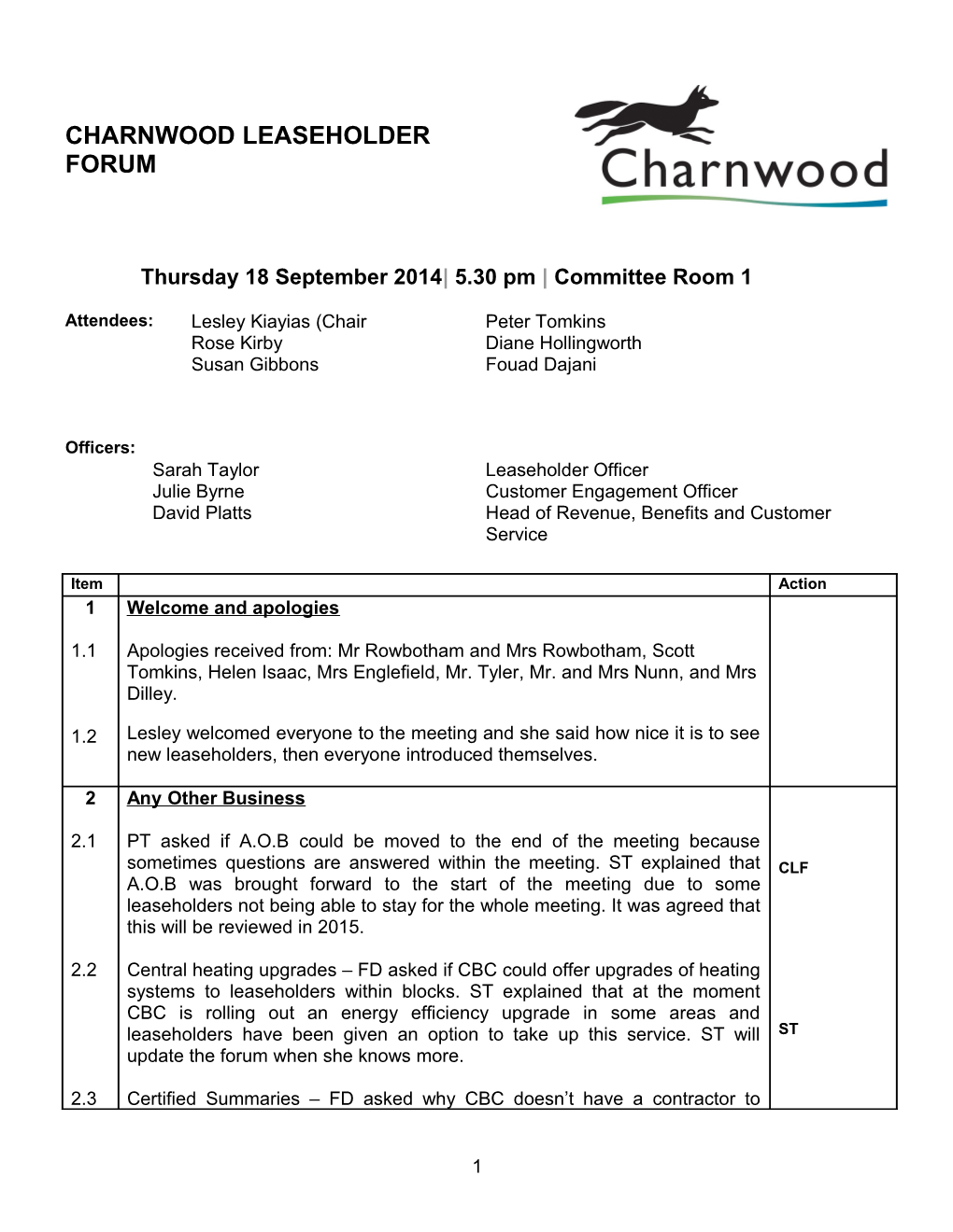 Leaseholders Forum Sub-Group of Charnwood Council Leaseholders and Tenants Association