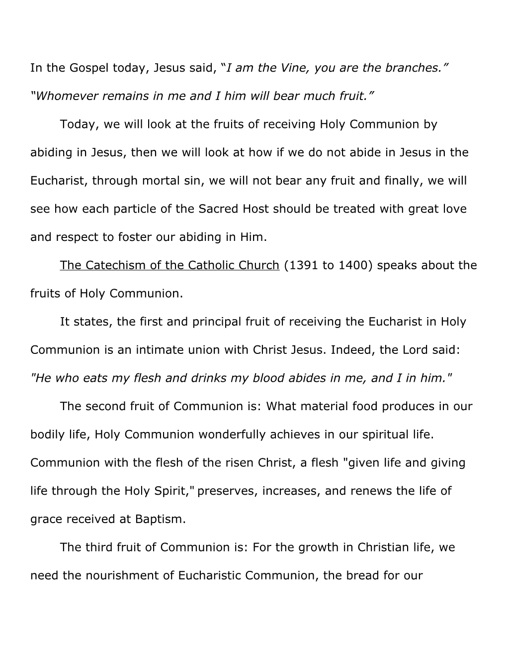 The Catechism of the Catholic Church(1391 to 1400) Speaks About the Fruits of Holy Communion