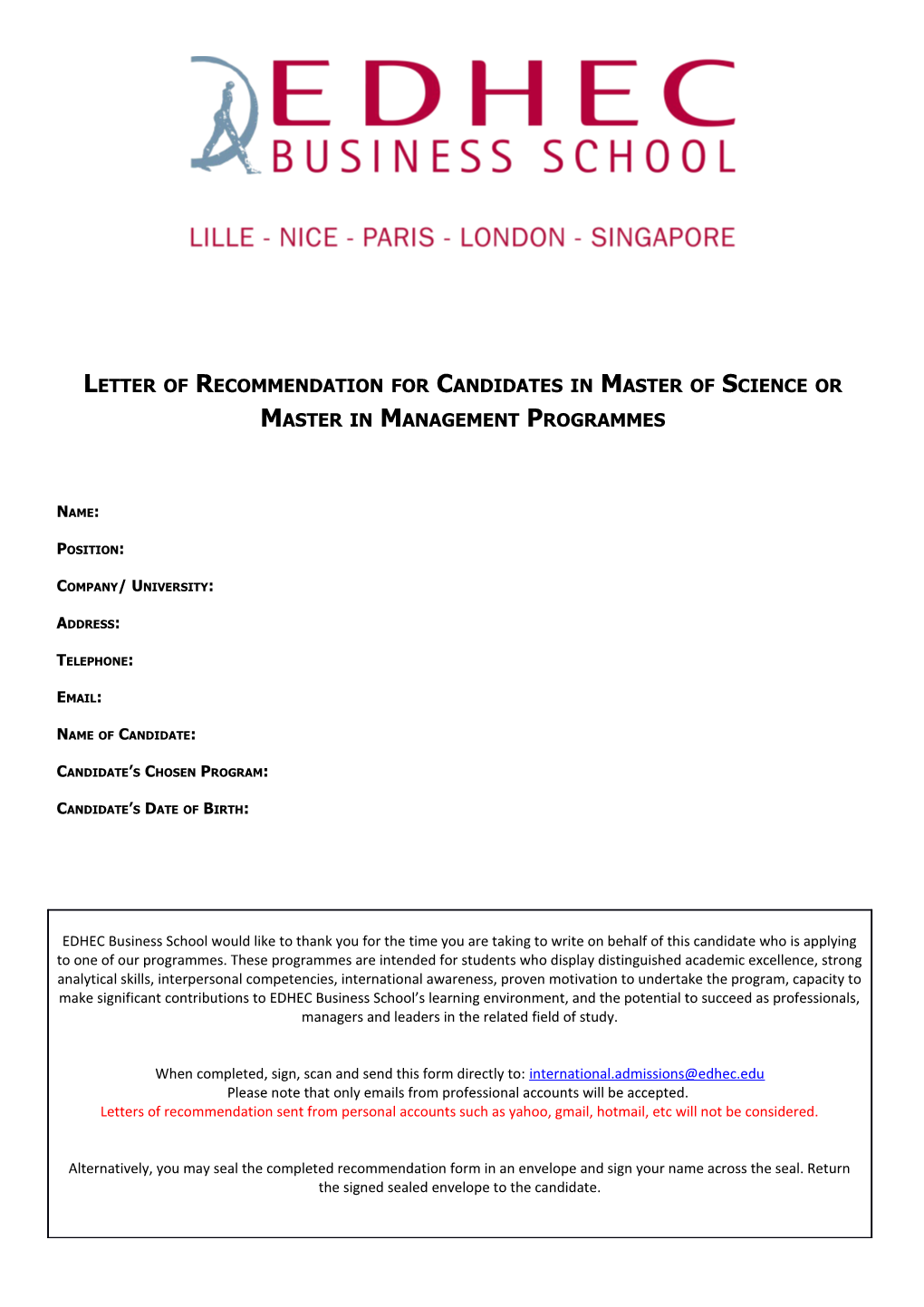Letter of Recommendation for Candidates in Master of Science Or Master in Management Programmes