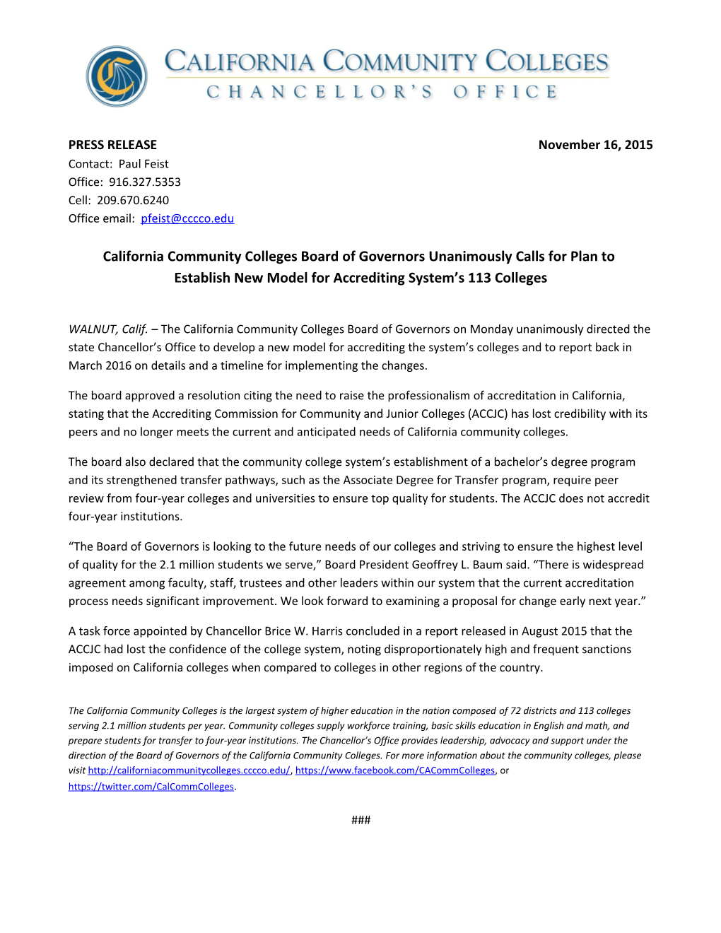 California Community Colleges Board of Governors Unanimously Calls for Plan To