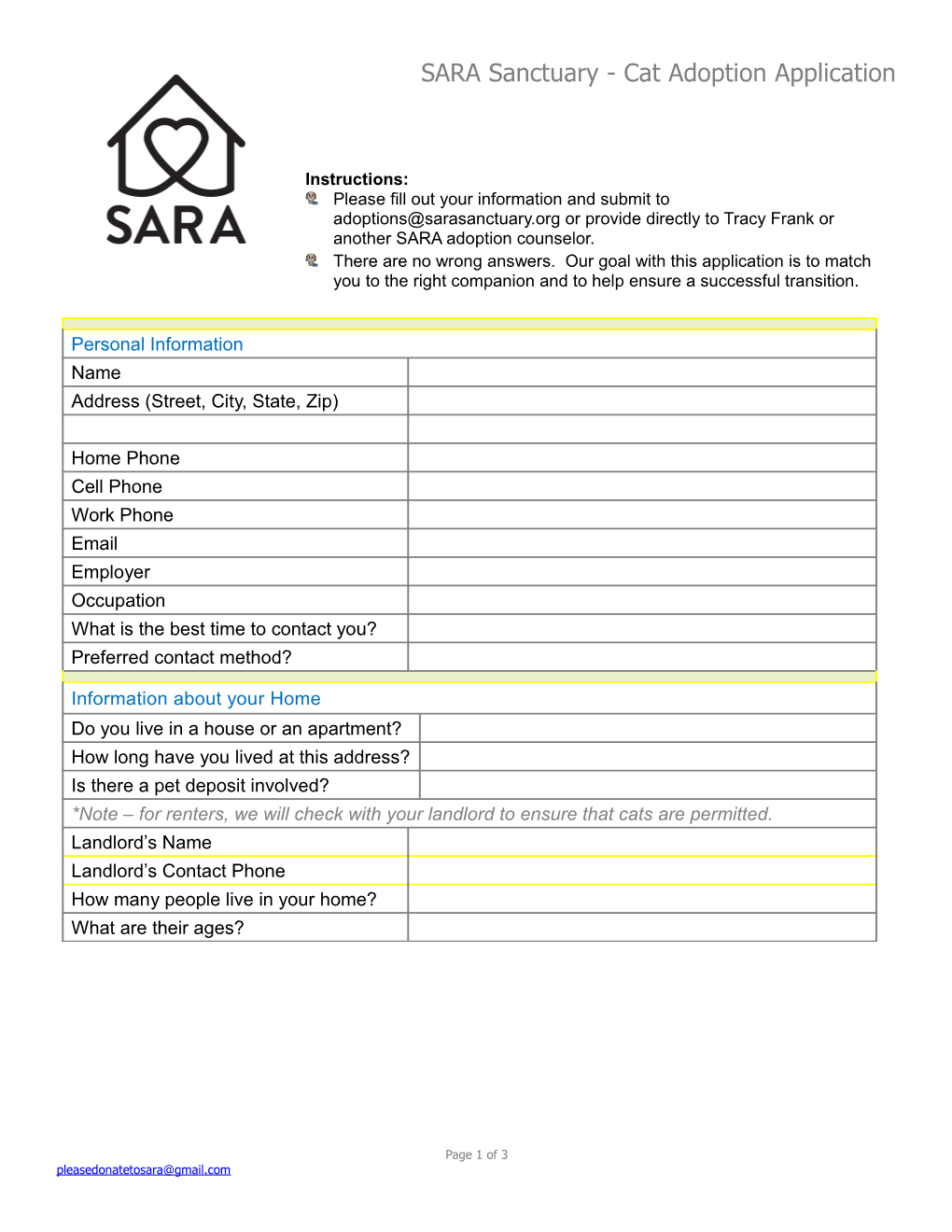SARA Sanctuary - Cat Adoption Application