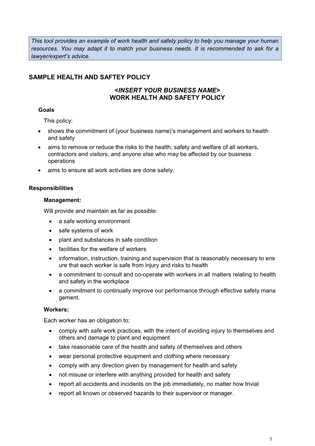 Work Health and Safety Policy - Samples s1