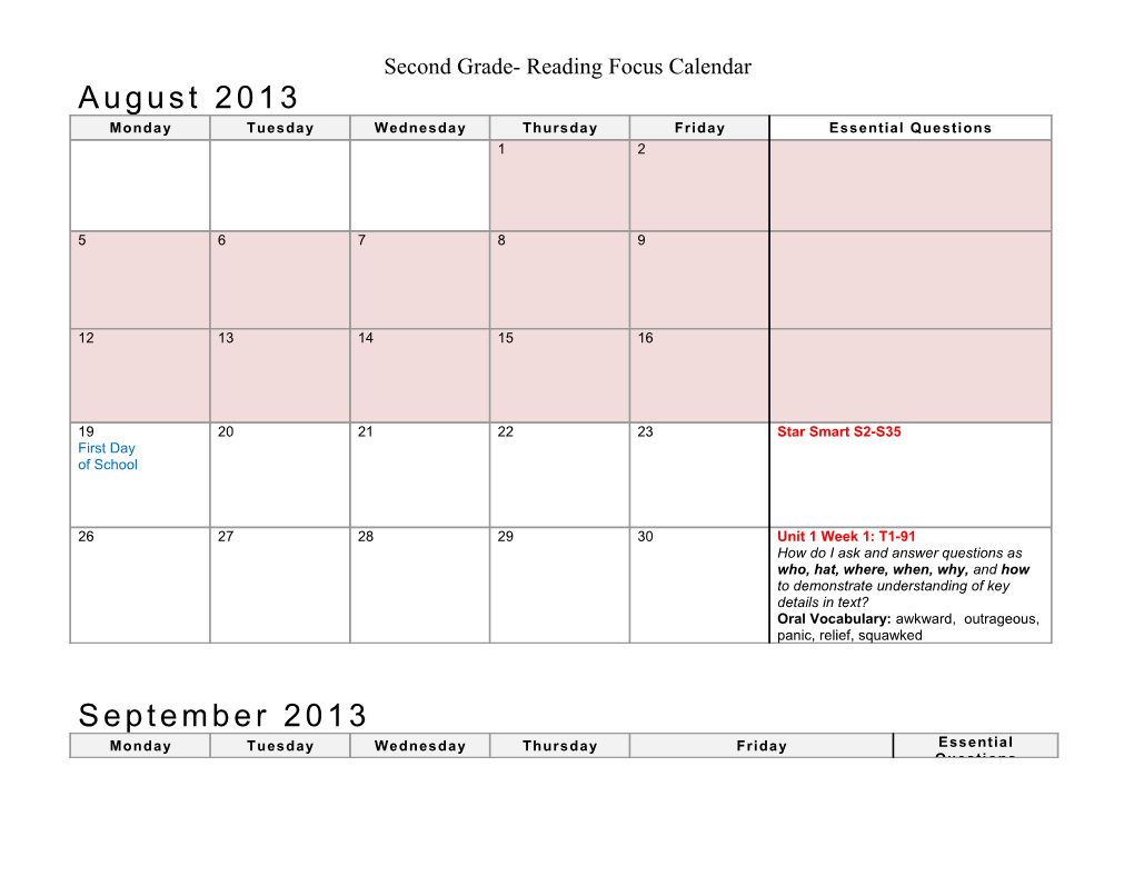 Second Grade- Reading Focus Calendar