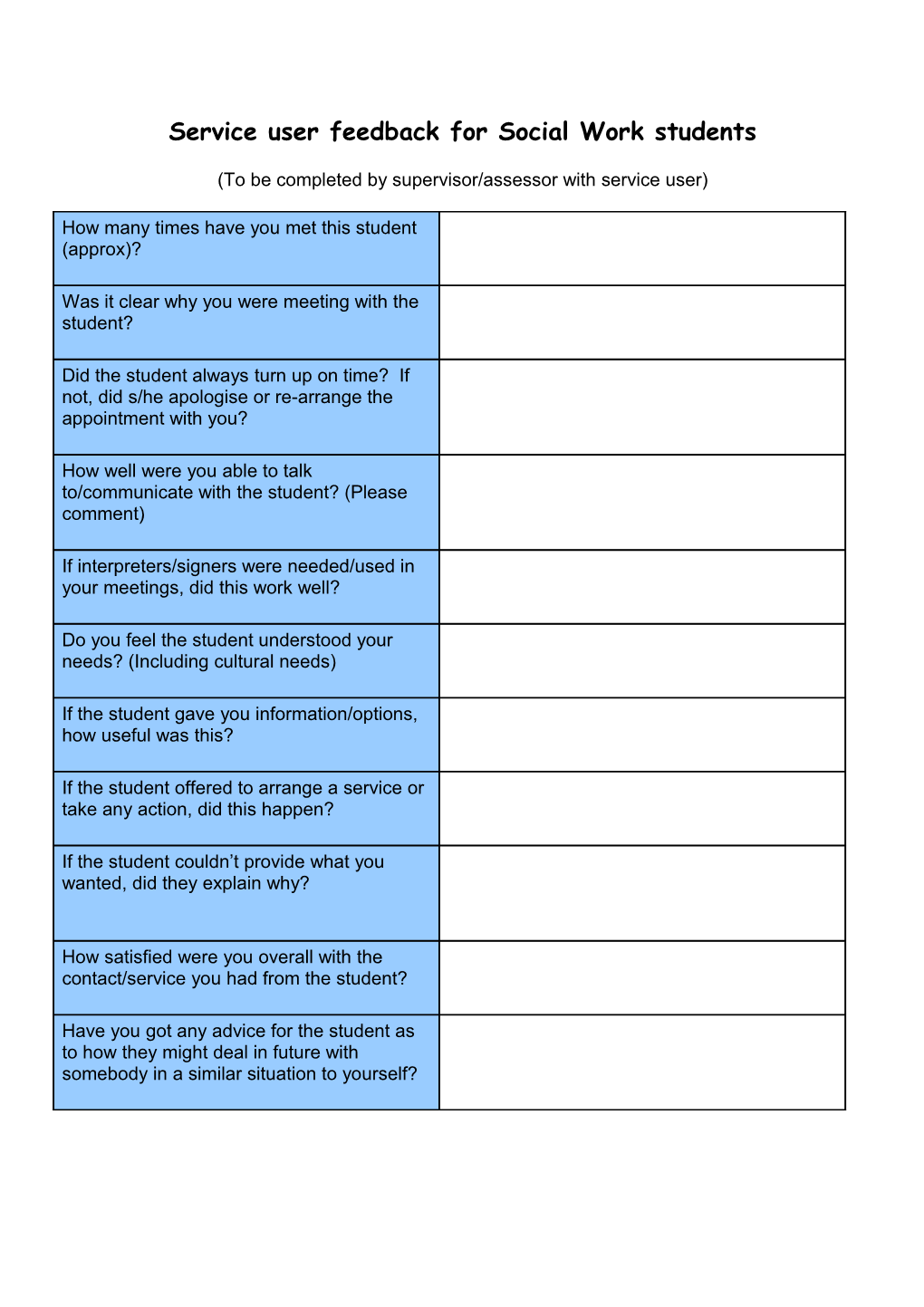 Appendix 1 Service User Feedback for Social Work Students