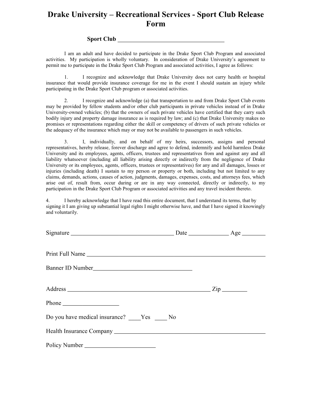 Drake University Recreational Services - Sport Club Release Form
