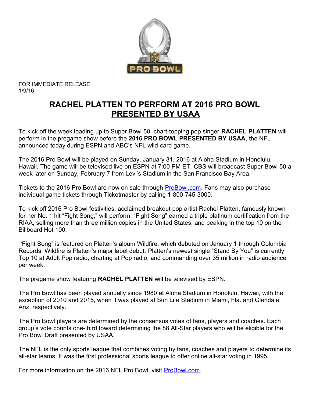 Rachel Platten to Perform at 2016 Pro Bowl