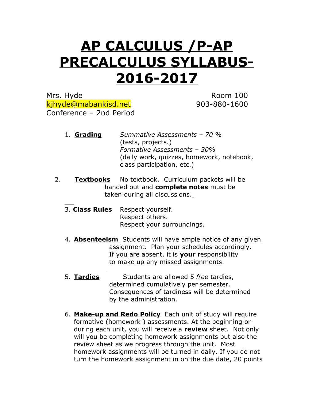 Ap Calculus /P-Ap Precalculus Syllabus-2016-2017