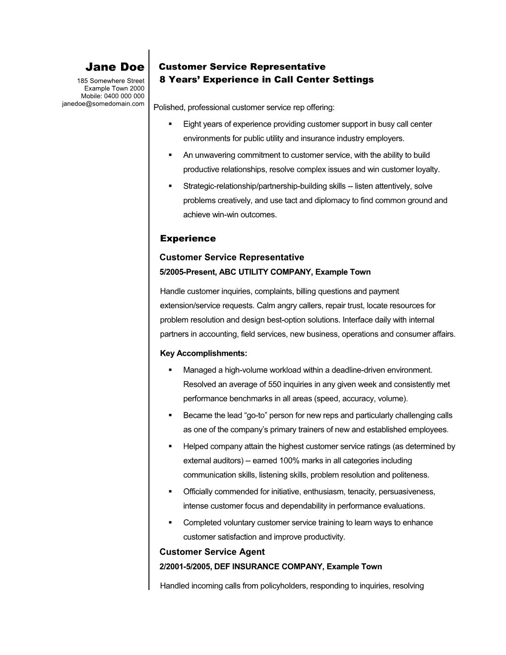 Sample Resume for a Customer Service Representative