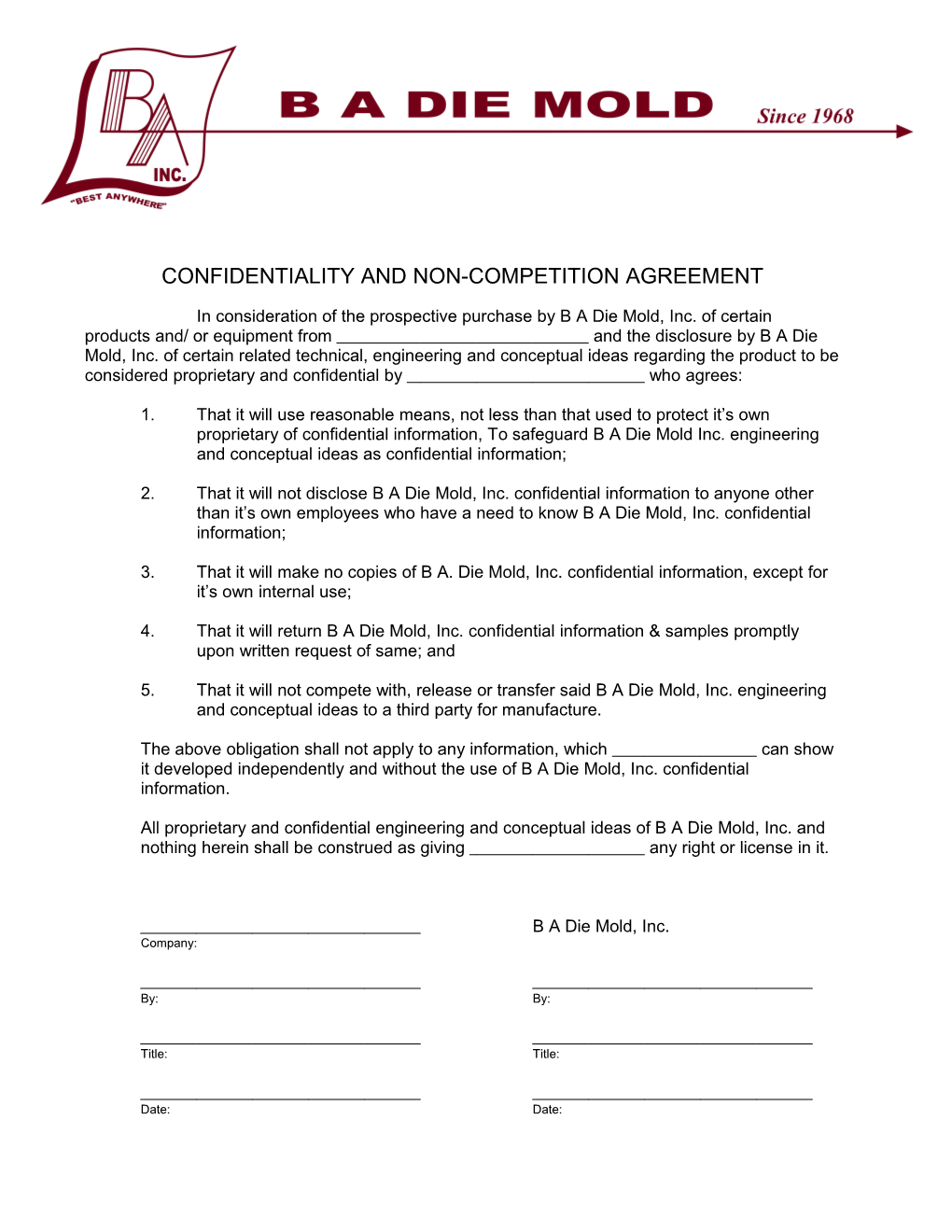 Confidentiality and Non-Competition Agreement