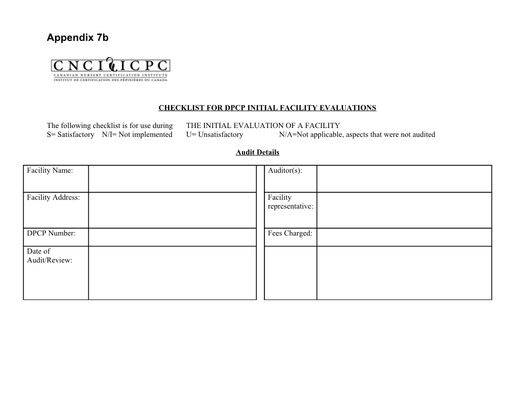 Checklist for Dpcp Initial Facility Evaluations