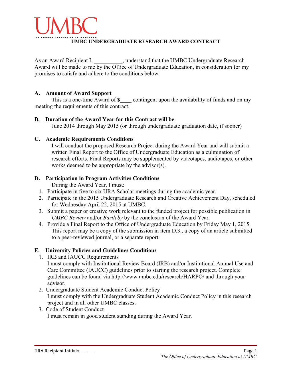 Umbc Undergraduate Research Award Agreement