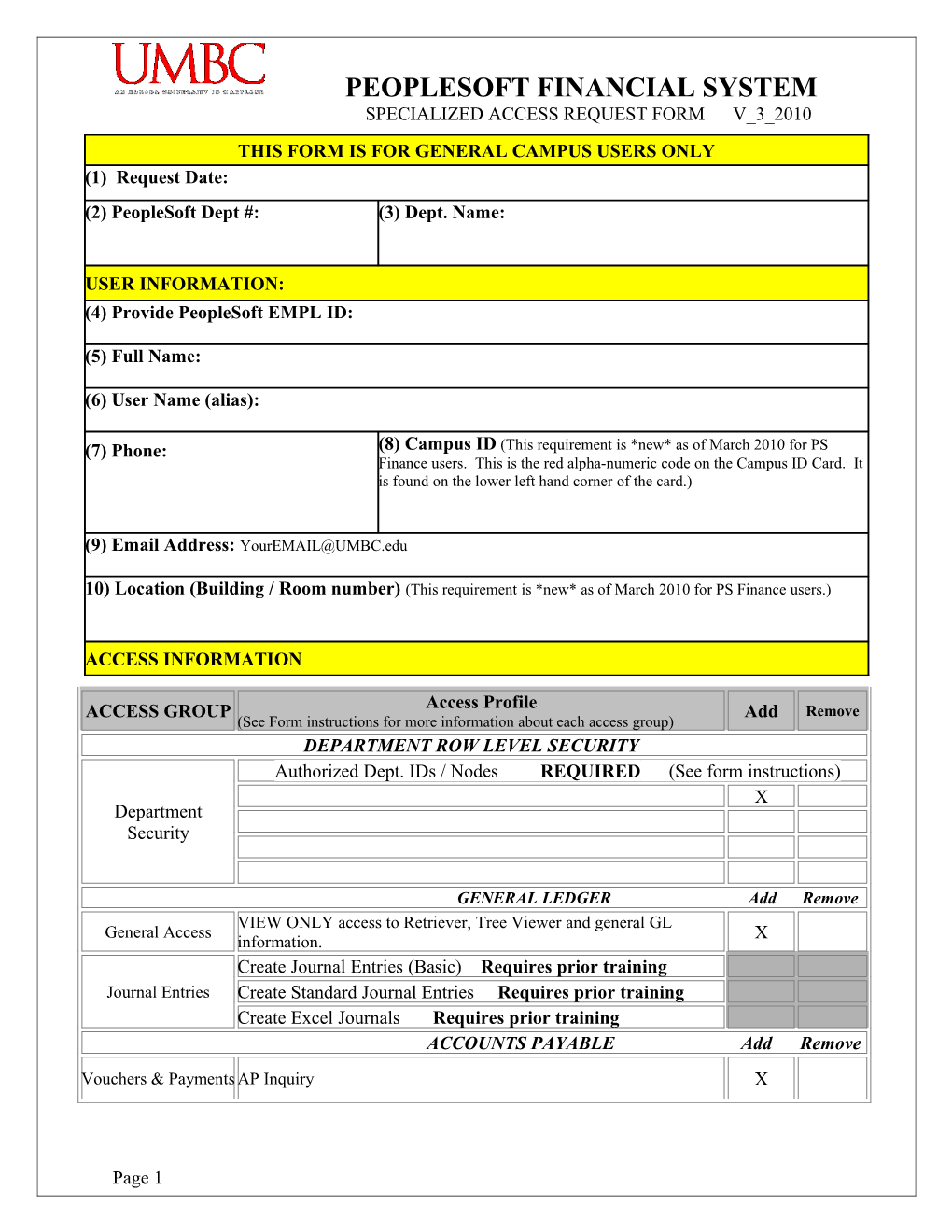 Financial Special Access Class Request Sheet