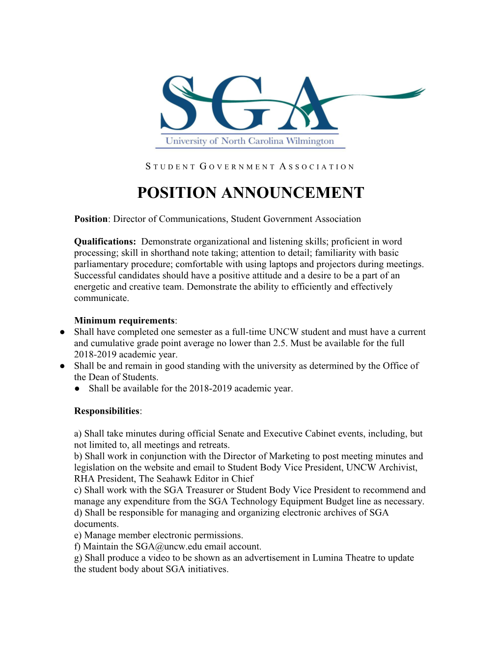 Position: Director of Communications, Student Government Association