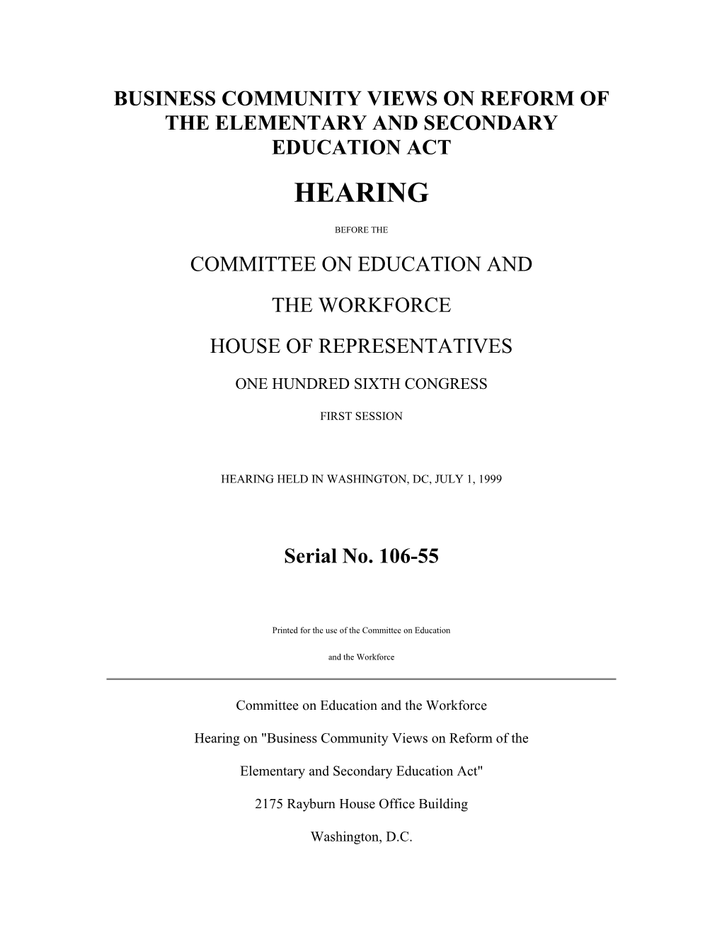 Business Community Views on Reform of the Elementary and Secondary Education Act: Hearing