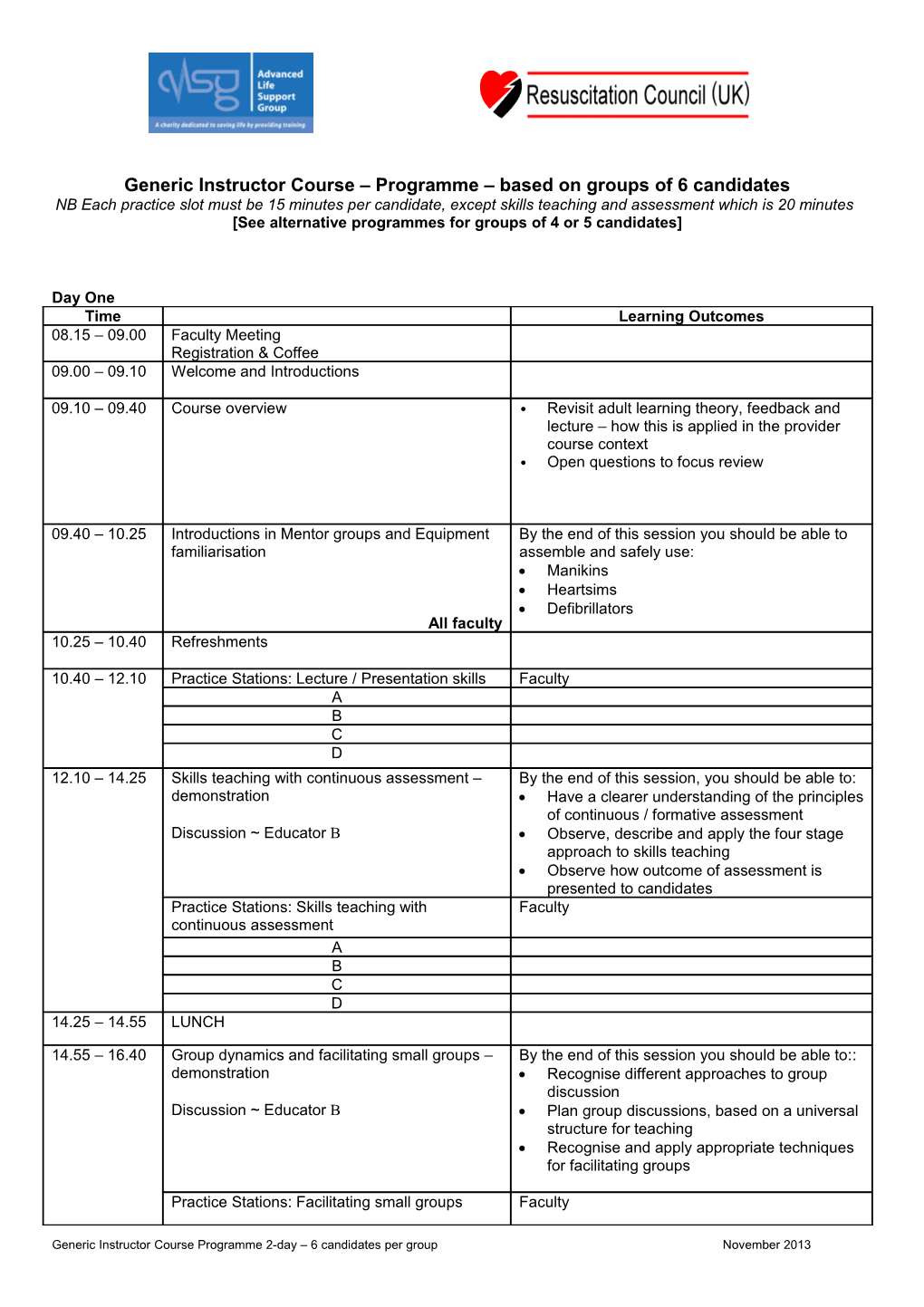 Generic Instructor Course Programme Based on Groups of 6 Candidates