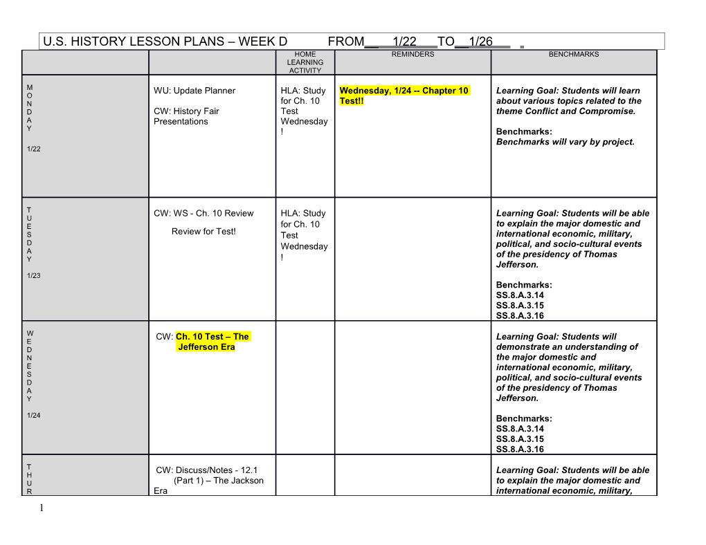 U.S. History Lesson Plans Week D From__ 1/22 To__1/26