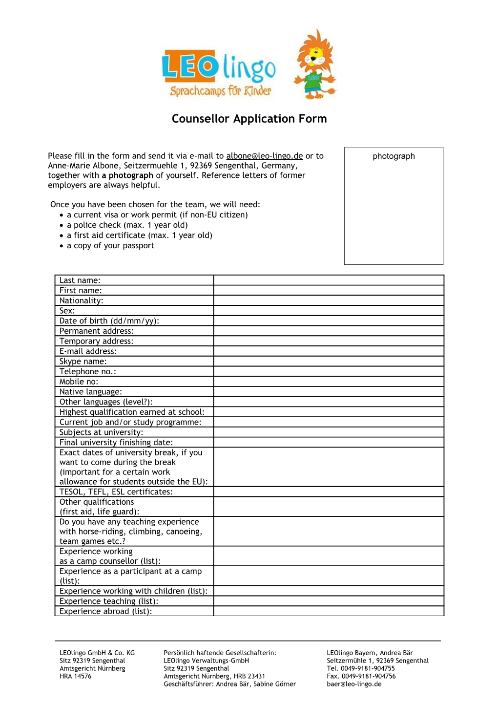 Counsellor Application Form