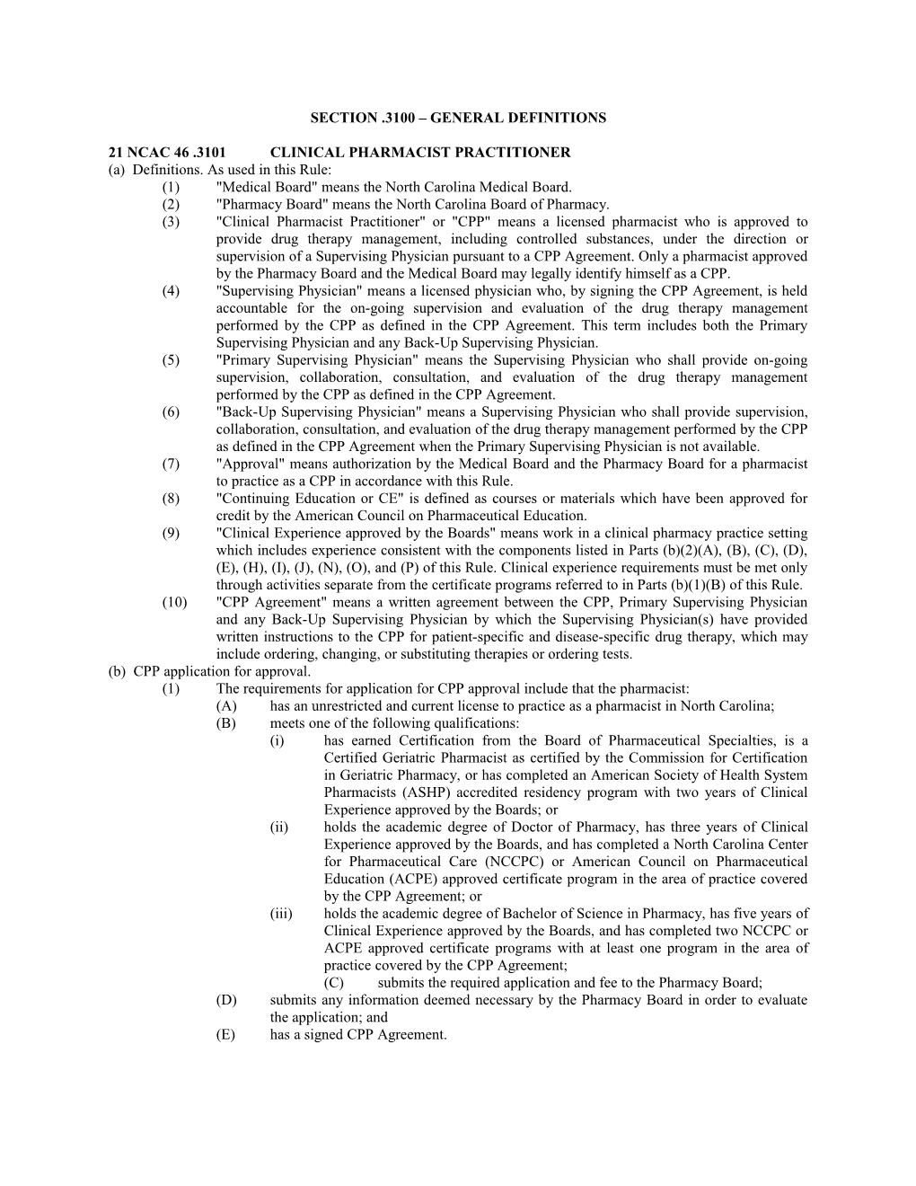 21 Ncac 46 .3101 Clinical Pharmacist Practitioner