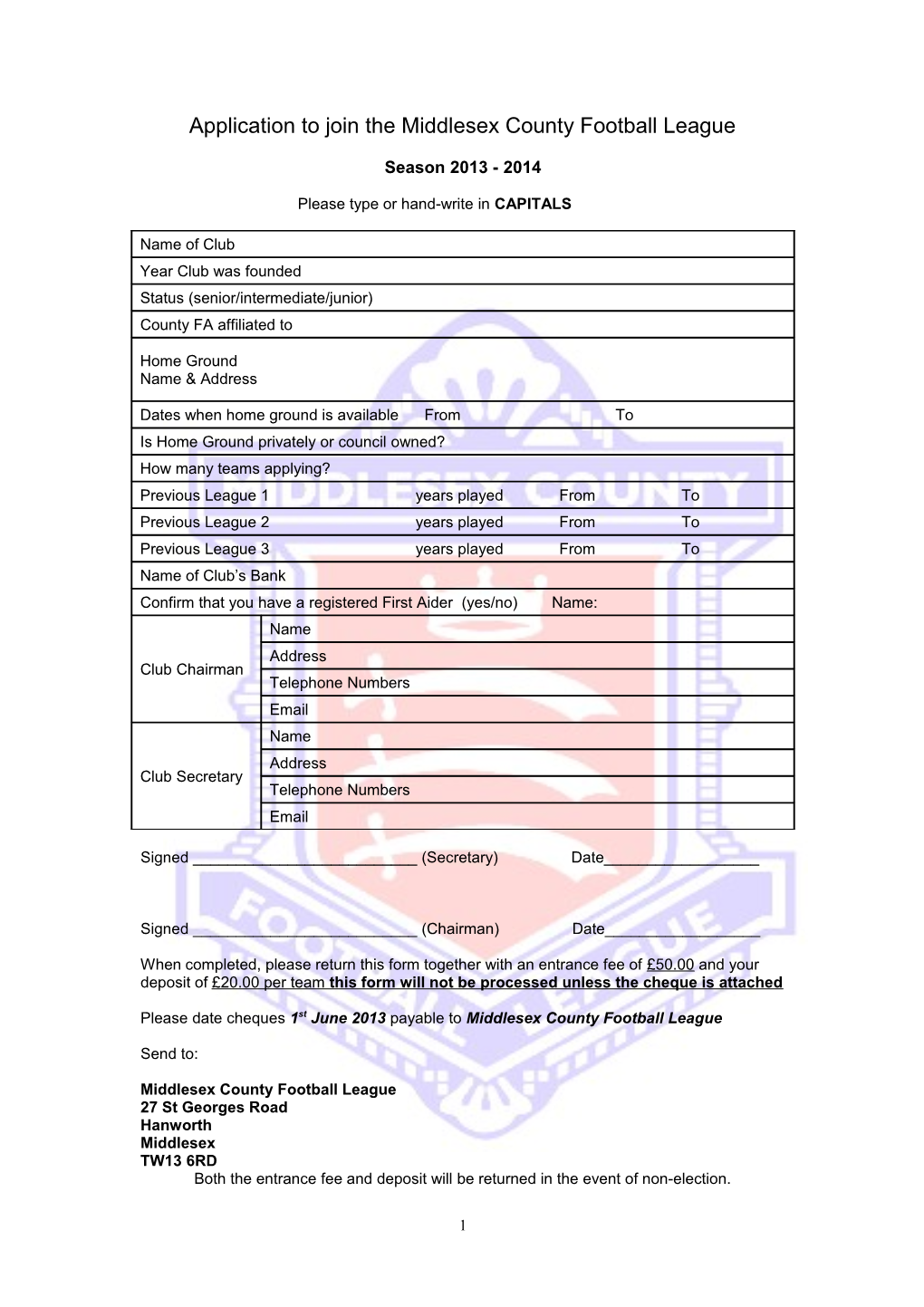 Application to Join the Middlesex County Football League