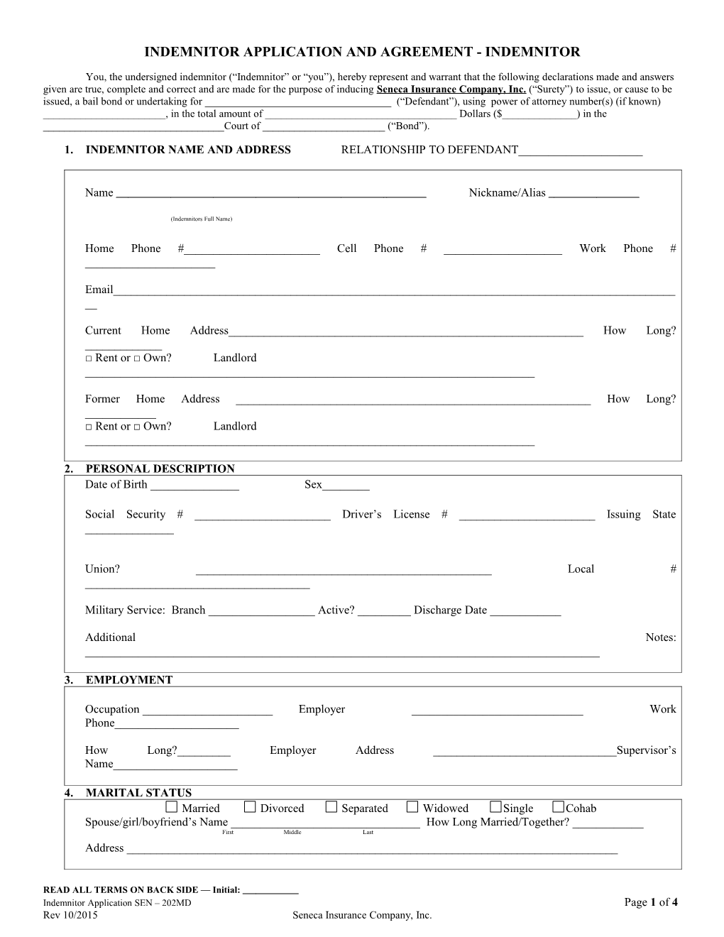 INDEMNITOR (Co-Signer) APPLICATION for BAIL BOND