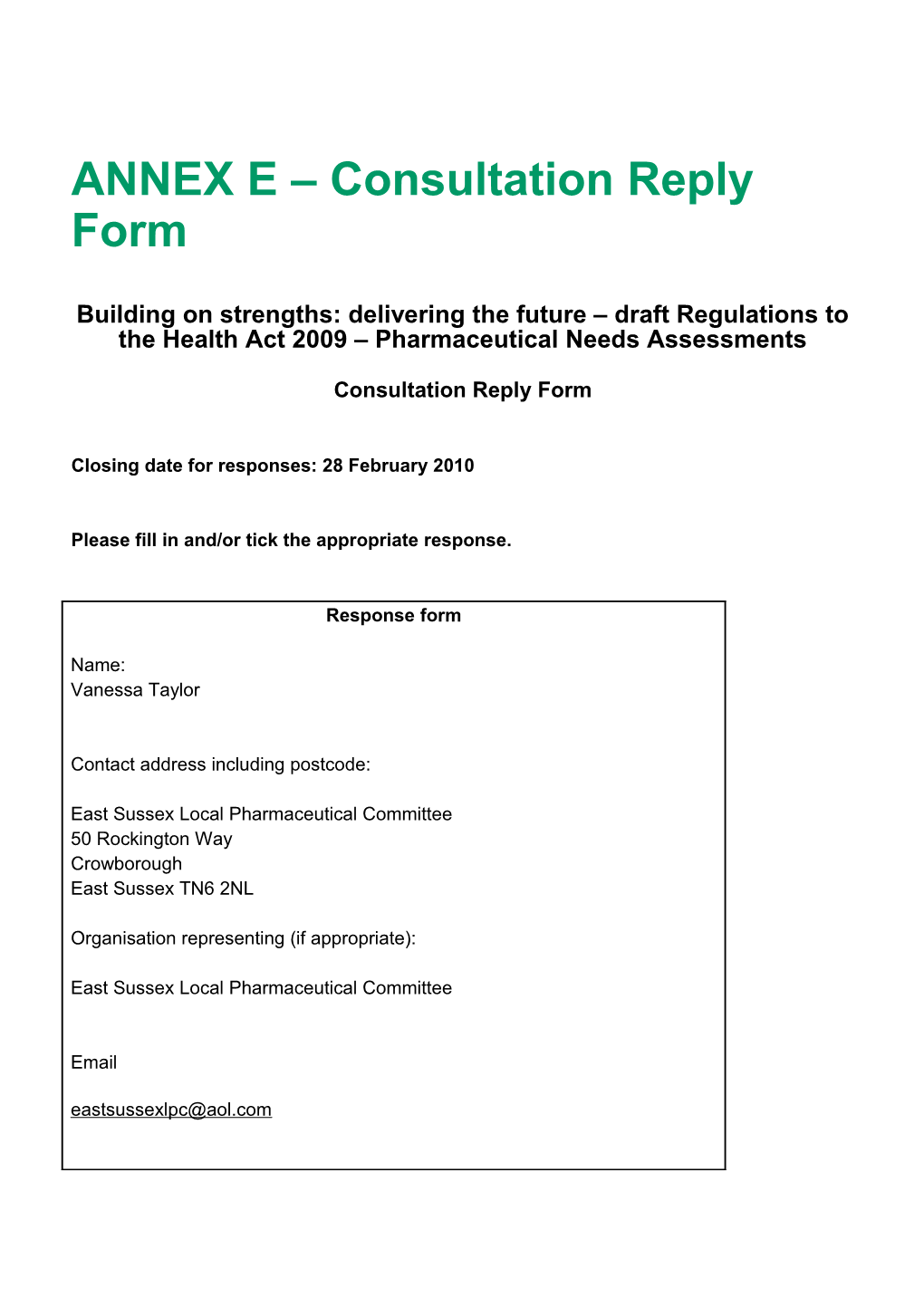 ANNEX E Consultation Reply Form