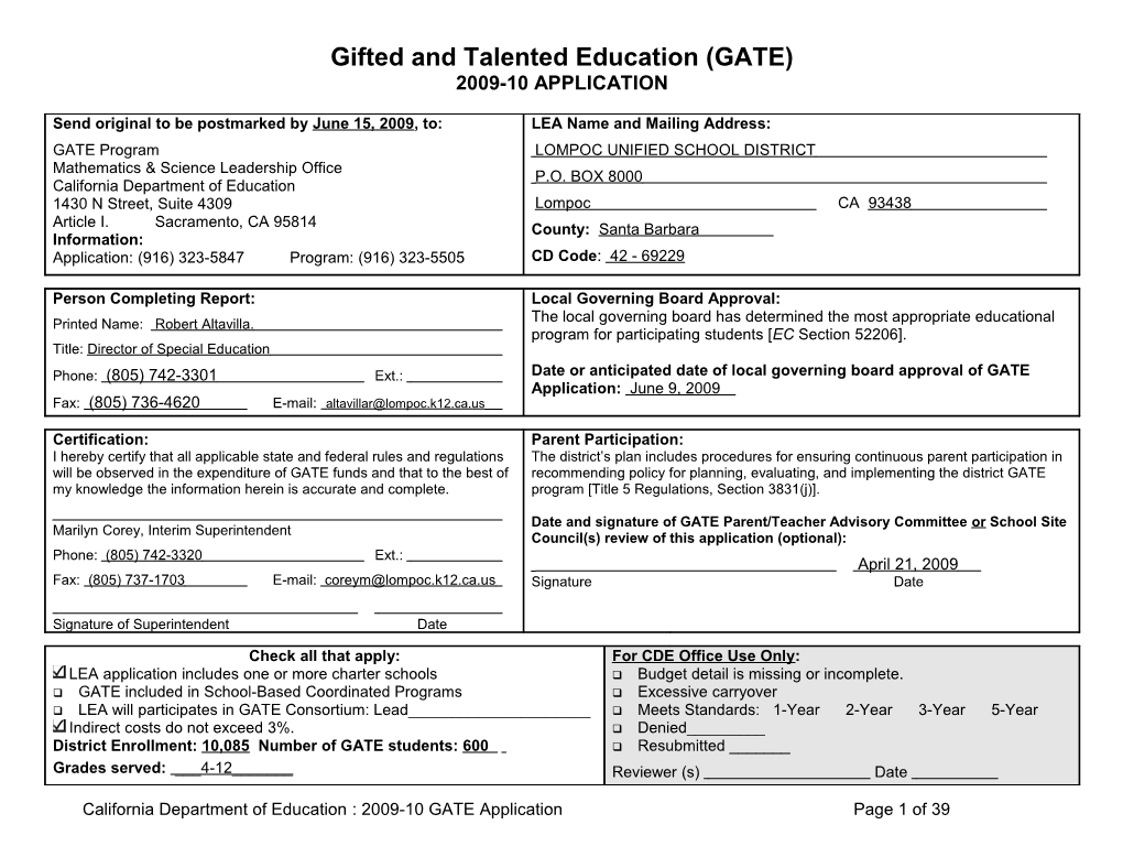 Appl: Gifted & Talented Education (CA Dept of Education)