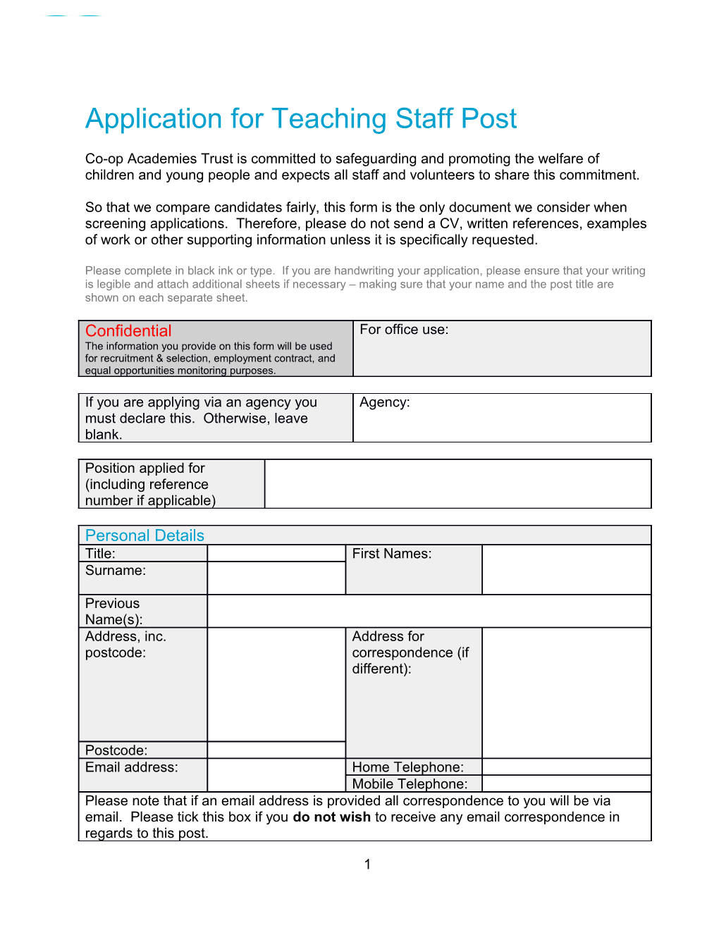 Application for Teaching Staff Post