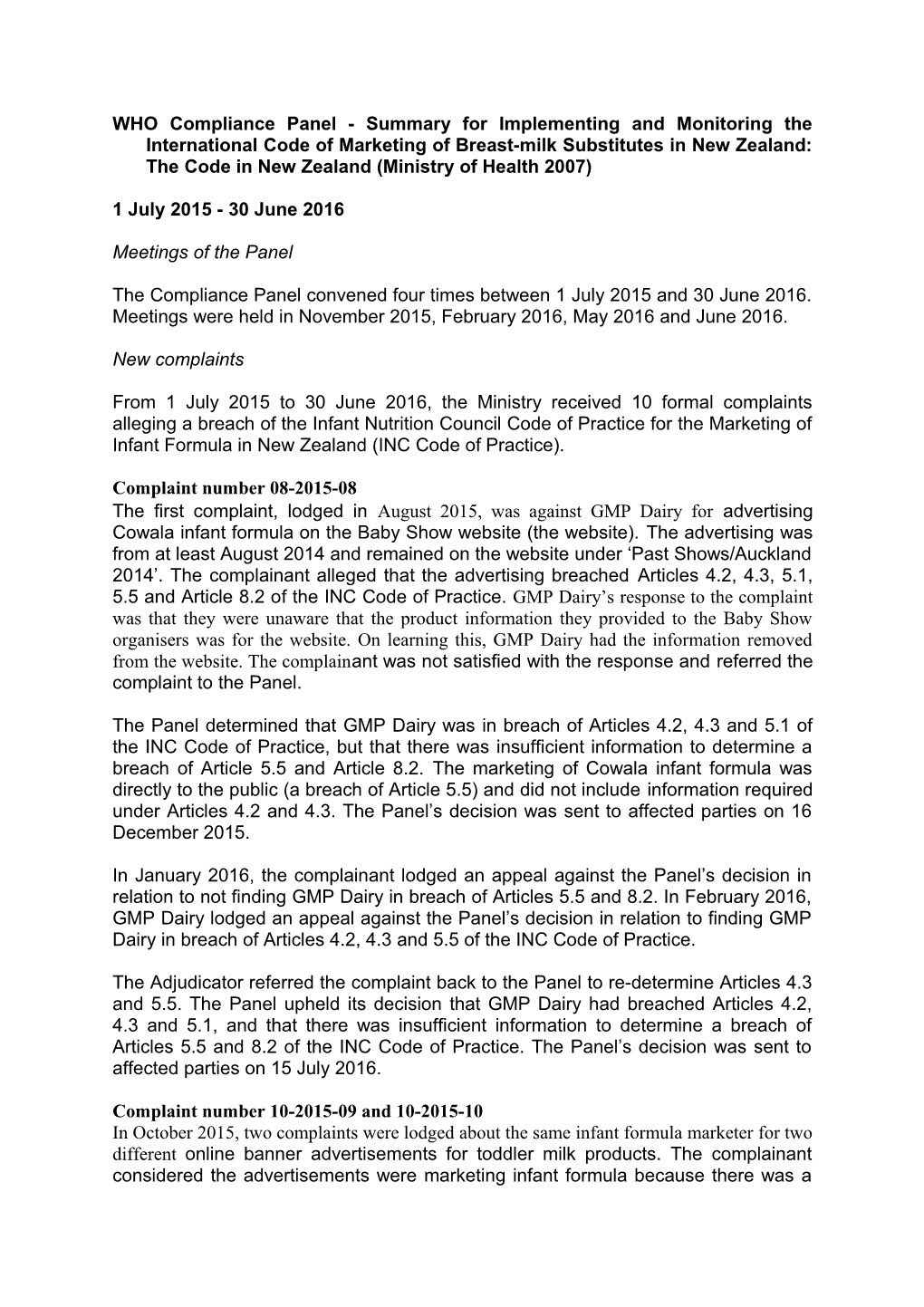 WHO Compliance Panel - Summary for Implementing and Monitoring the International Code Of