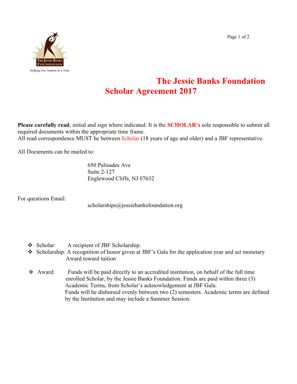 The Jessie Banks Foundation Scholar Agreement