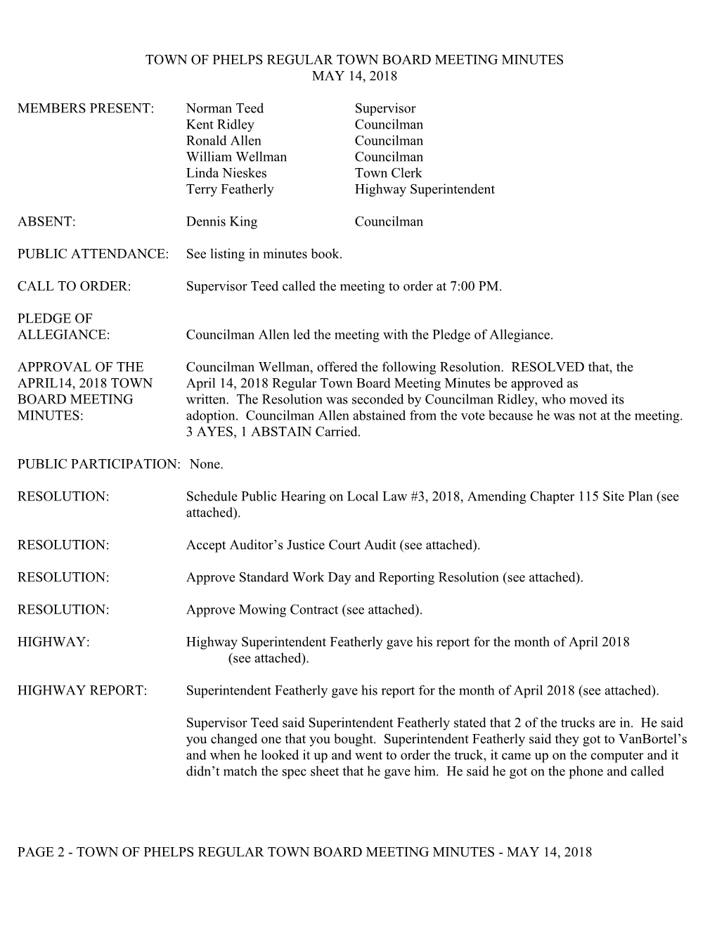 Town of Phelps Regular Town Board Meeting Minutes