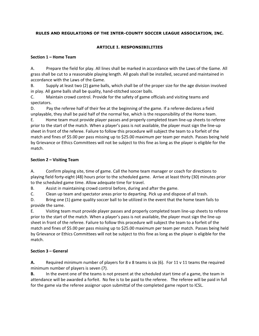 Rules And Regulations Of The Inter-County Soccer League Association, Inc