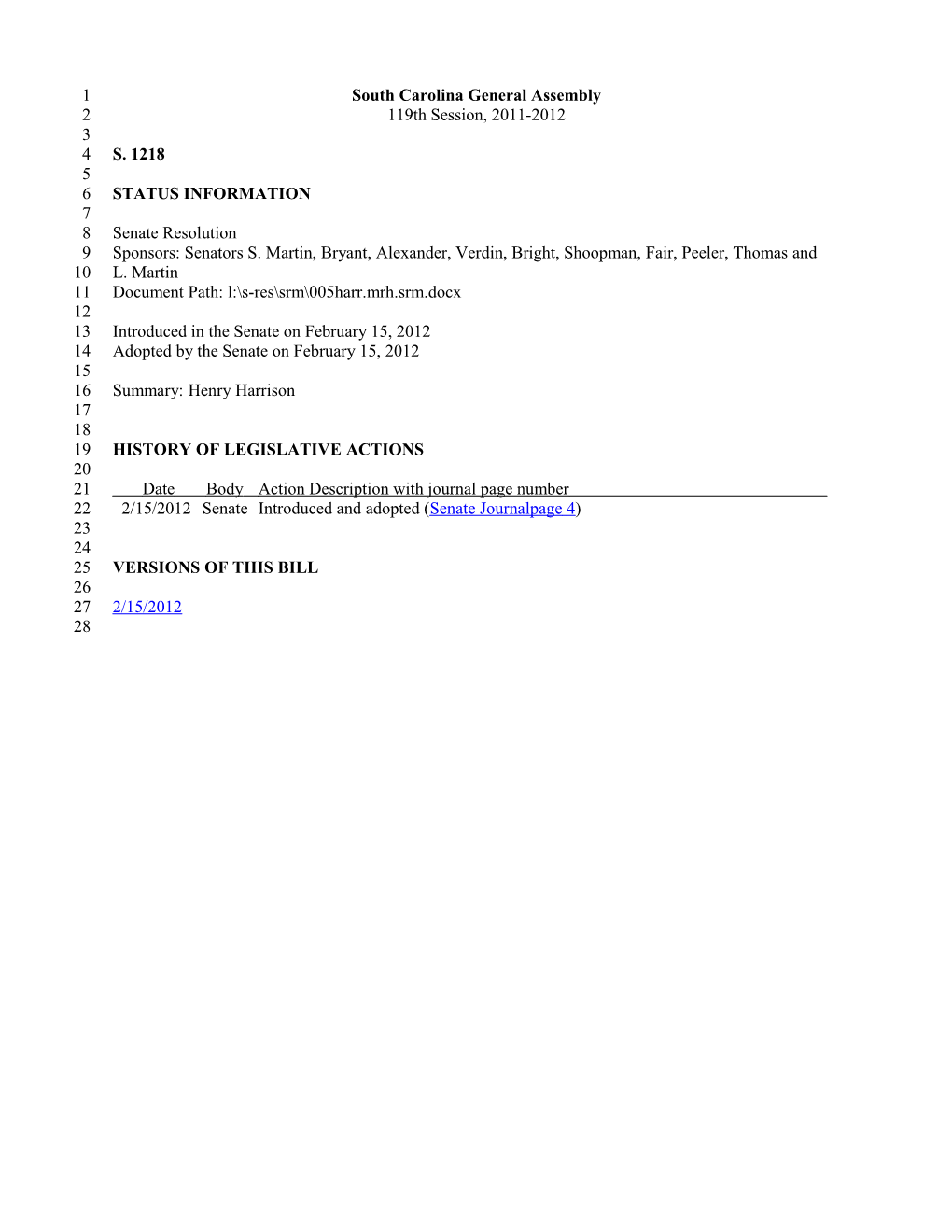 2011-2012 Bill 1218: Henry Harrison - South Carolina Legislature Online